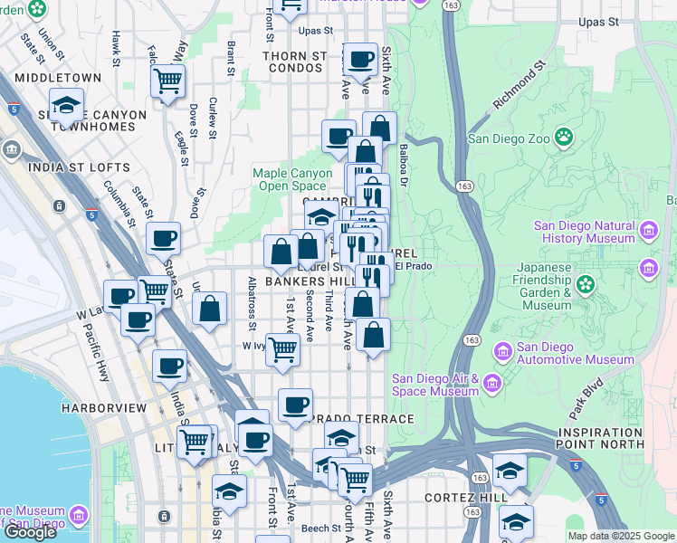 map of restaurants, bars, coffee shops, grocery stores, and more near 309 Laurel Street in San Diego