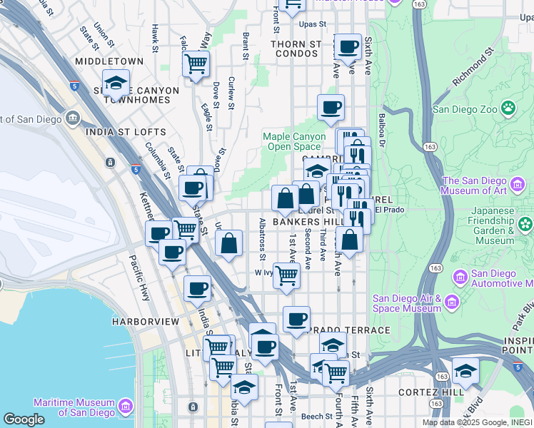 map of restaurants, bars, coffee shops, grocery stores, and more near 2520 Front Street in San Diego