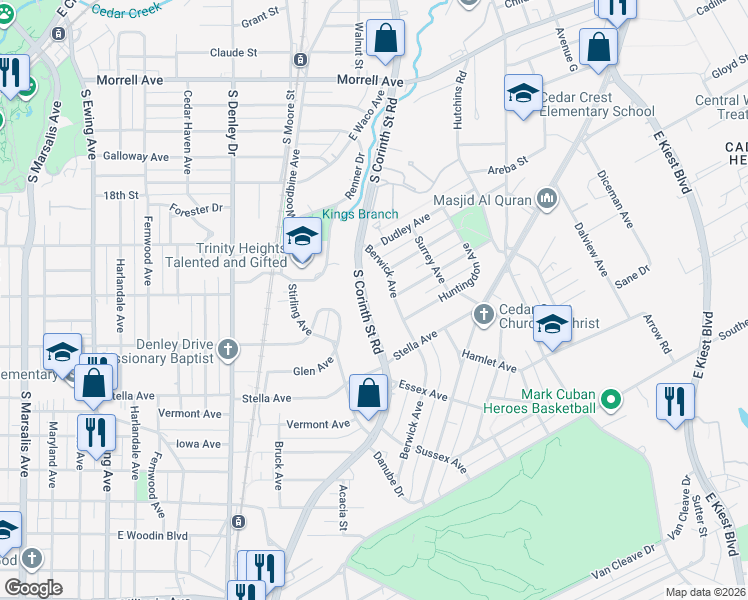 map of restaurants, bars, coffee shops, grocery stores, and more near 1342 South Corinth Street Road in Dallas