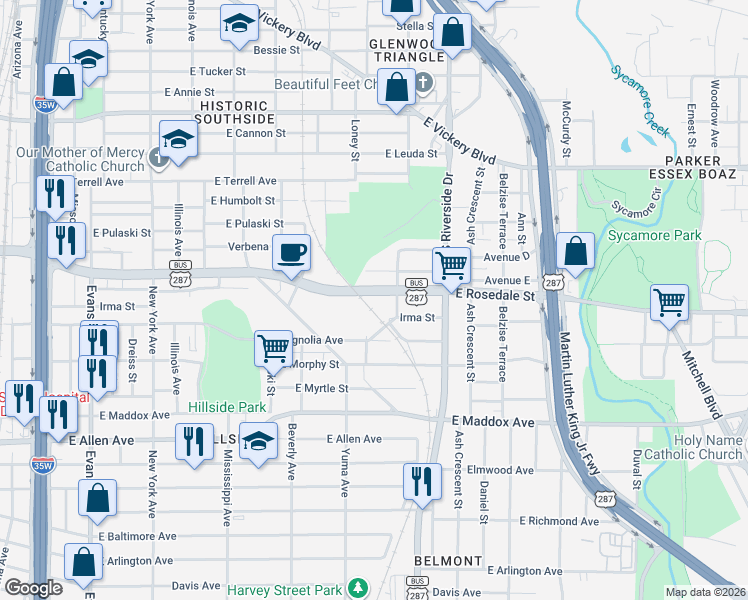 map of restaurants, bars, coffee shops, grocery stores, and more near 1451 East Rosedale Street in Fort Worth