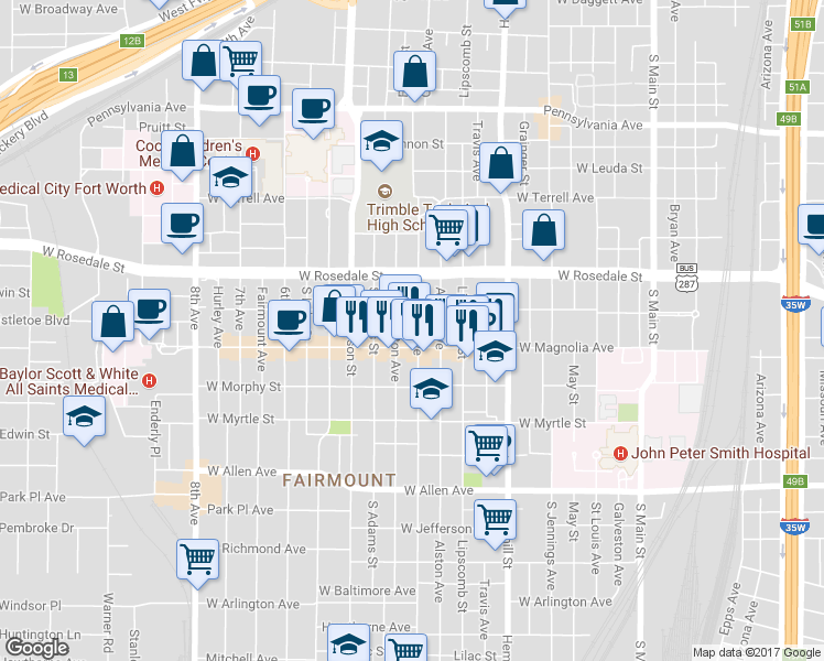 map of restaurants, bars, coffee shops, grocery stores, and more near 1209 College Avenue in Fort Worth