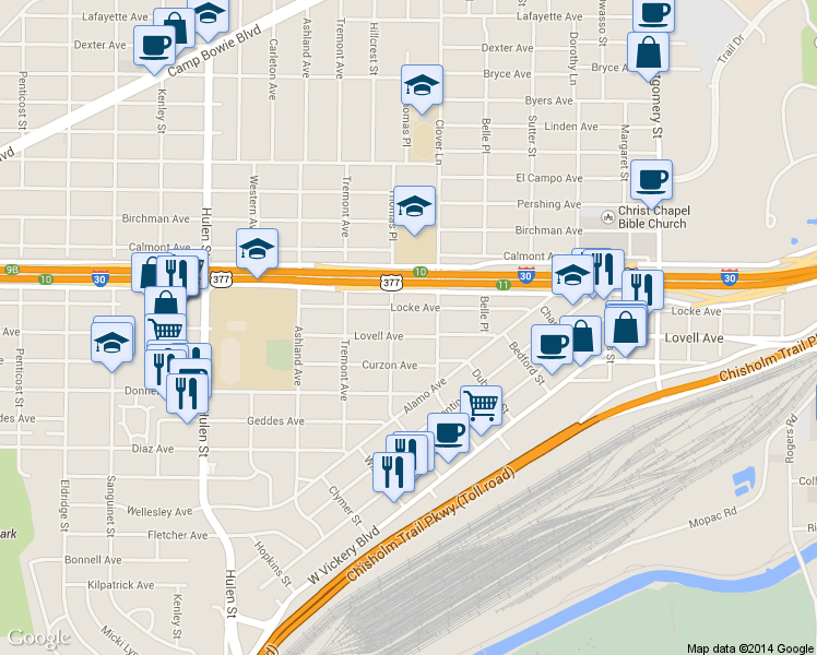 map of restaurants, bars, coffee shops, grocery stores, and more near 4129 Locke Avenue in Fort Worth