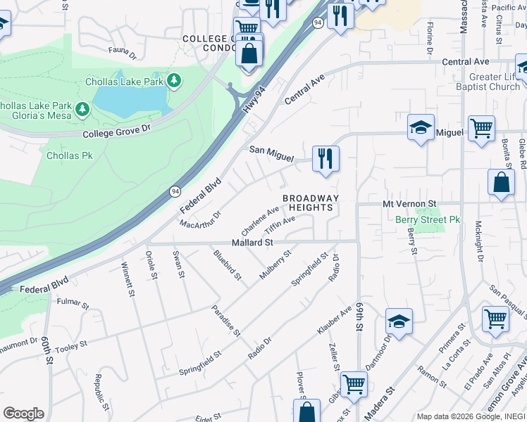map of restaurants, bars, coffee shops, grocery stores, and more near 6668 Charlene Avenue in San Diego