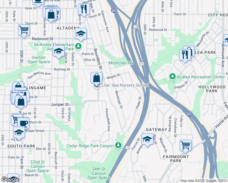 map of restaurants, bars, coffee shops, grocery stores, and more near in San Diego