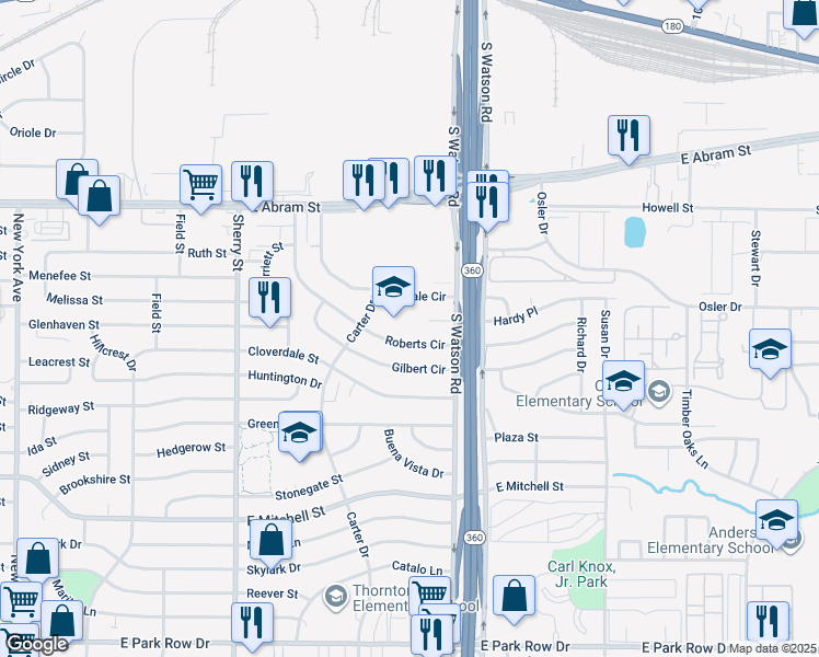 map of restaurants, bars, coffee shops, grocery stores, and more near 2401 Roberts Circle in Arlington