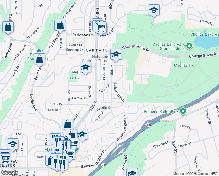 map of restaurants, bars, coffee shops, grocery stores, and more near 2440 55th Street in San Diego