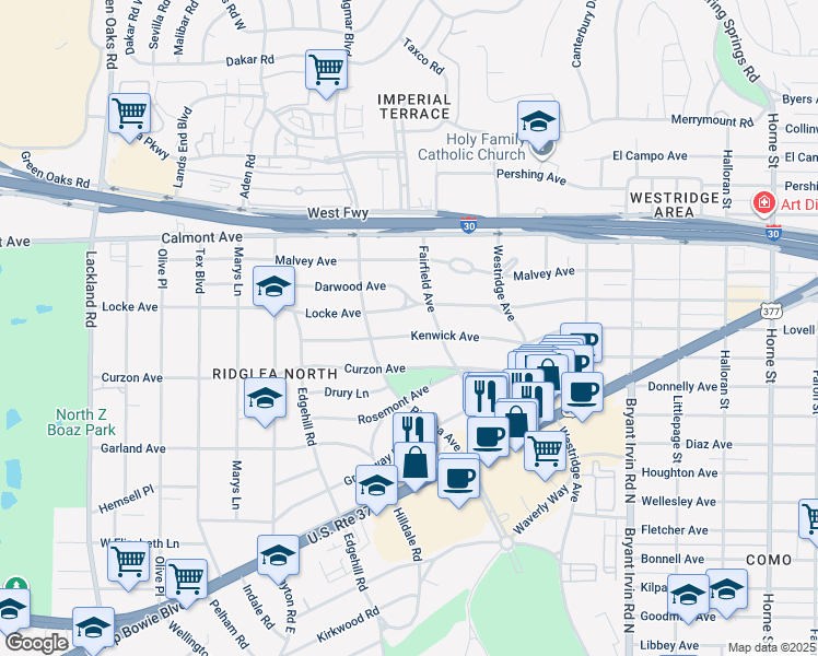 map of restaurants, bars, coffee shops, grocery stores, and more near 6312 Kenwick Avenue in Fort Worth