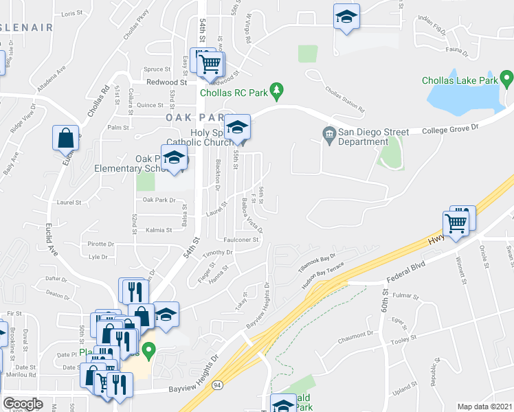 map of restaurants, bars, coffee shops, grocery stores, and more near 2451 F Street in San Diego
