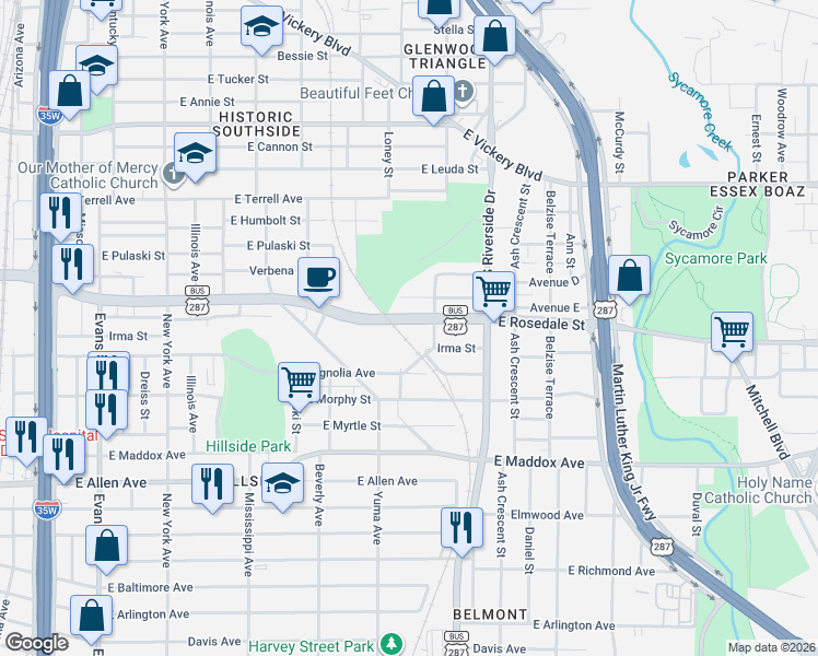 map of restaurants, bars, coffee shops, grocery stores, and more near 1451 East Rosedale Street in Fort Worth