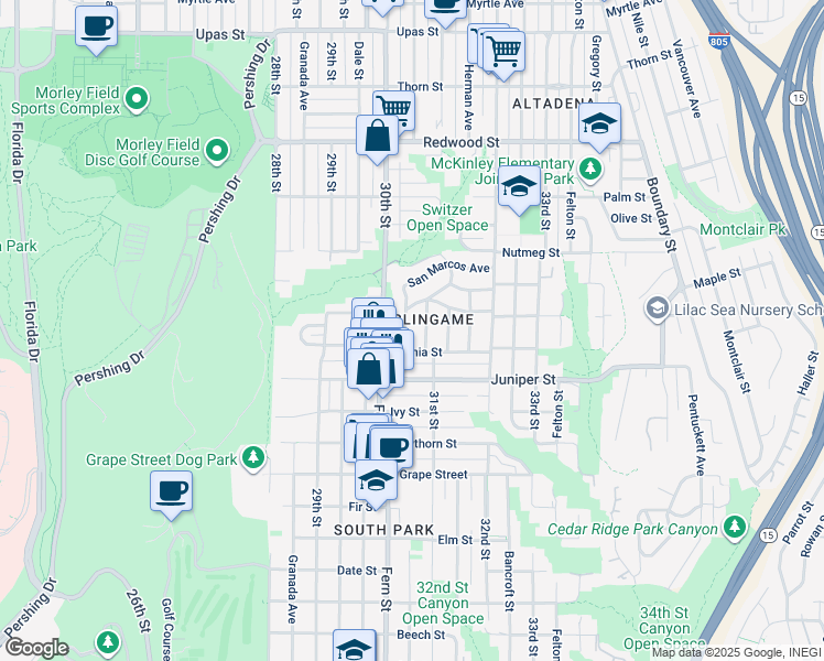 map of restaurants, bars, coffee shops, grocery stores, and more near 2433 San Marcos Avenue in San Diego