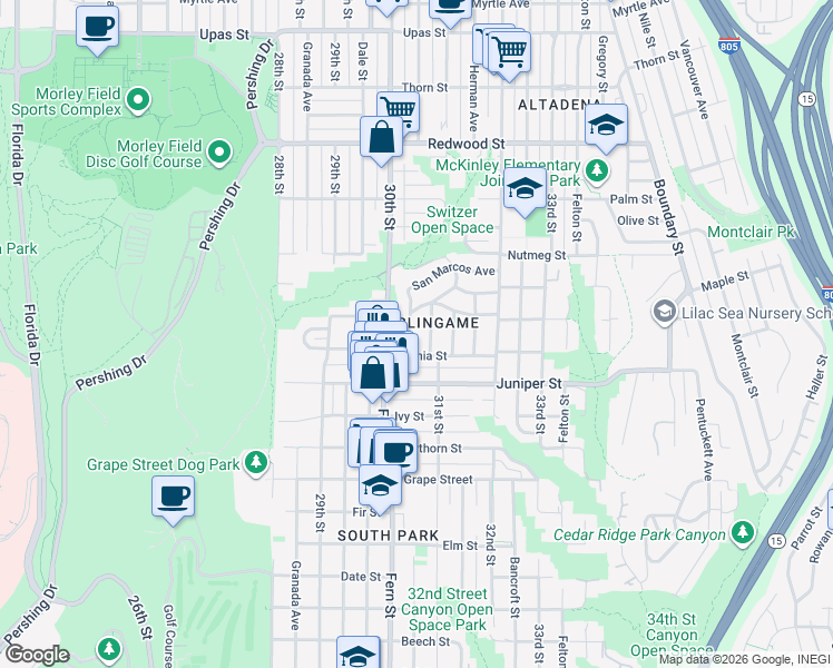 map of restaurants, bars, coffee shops, grocery stores, and more near 2433 San Marcos Avenue in San Diego