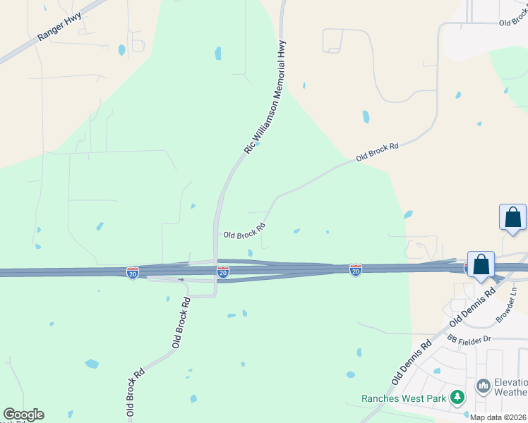 map of restaurants, bars, coffee shops, grocery stores, and more near 102 Brock Hill Lane in Weatherford