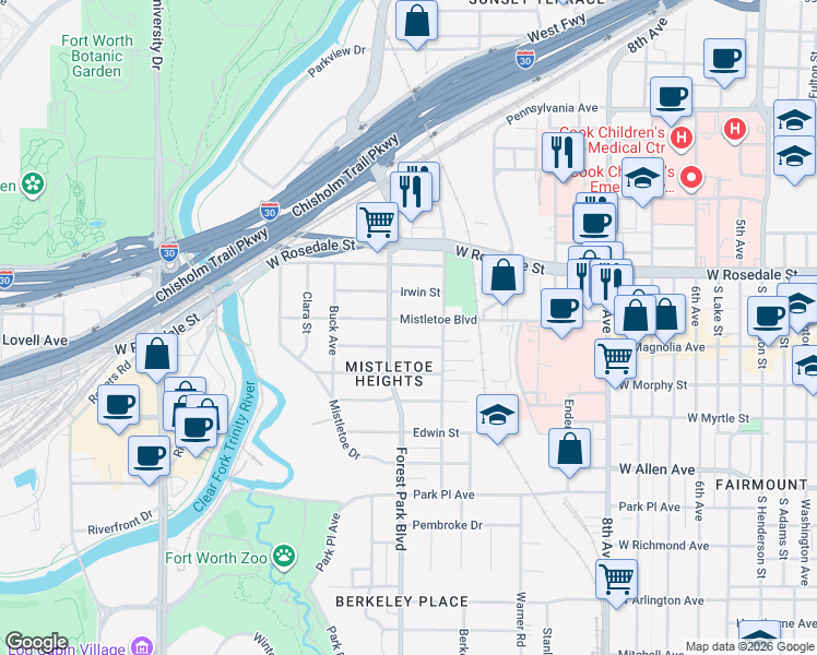 map of restaurants, bars, coffee shops, grocery stores, and more near 2229 Mistletoe Boulevard in Fort Worth