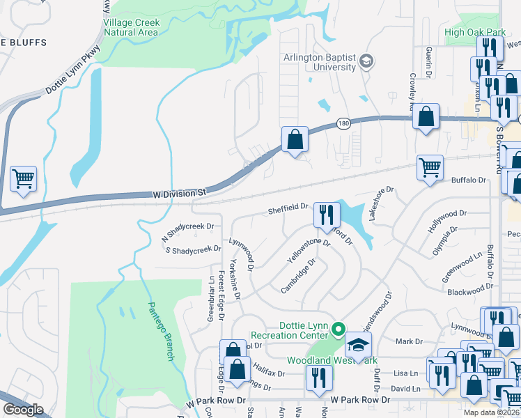 map of restaurants, bars, coffee shops, grocery stores, and more near 3411 Sheffield Drive in Arlington