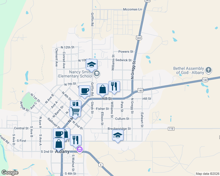 map of restaurants, bars, coffee shops, grocery stores, and more near 732 Williams Street in Albany