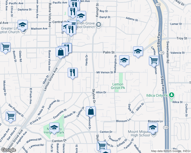 map of restaurants, bars, coffee shops, grocery stores, and more near 8010 Beechwood Court in Lemon Grove