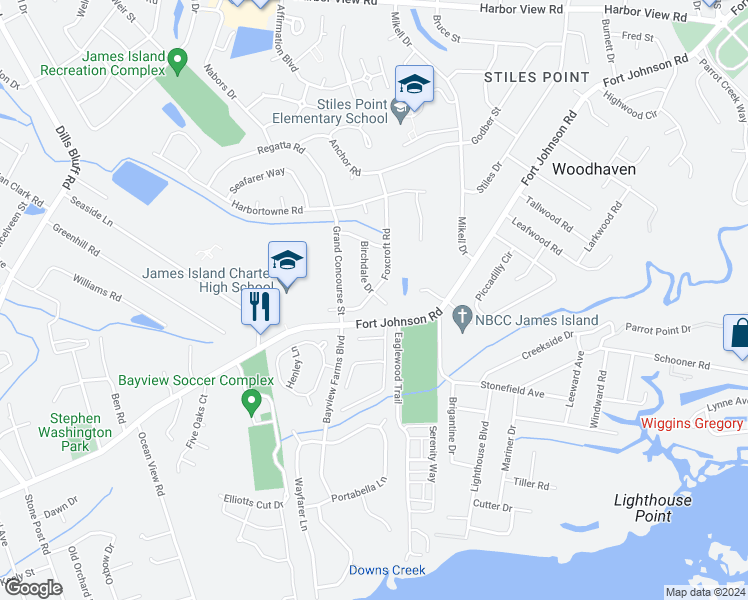 map of restaurants, bars, coffee shops, grocery stores, and more near 1039 Birchdale Drive in Charleston