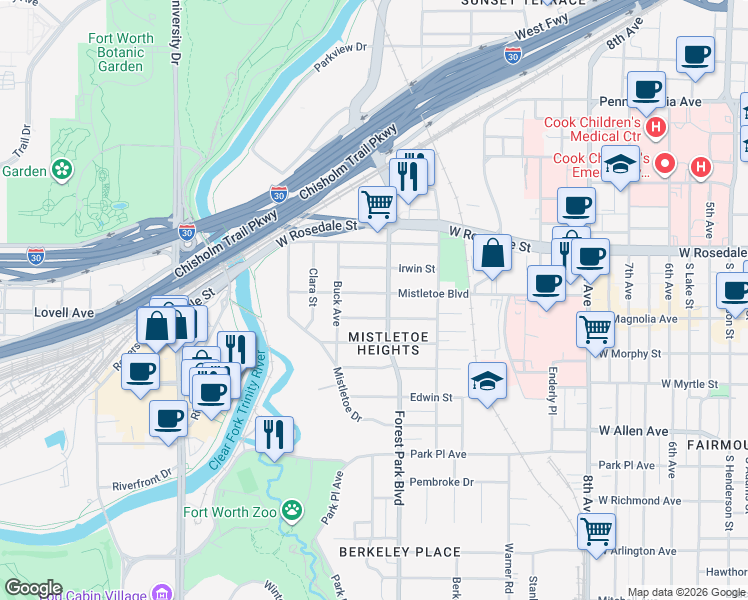 map of restaurants, bars, coffee shops, grocery stores, and more near 2311 Mistletoe Boulevard in Fort Worth