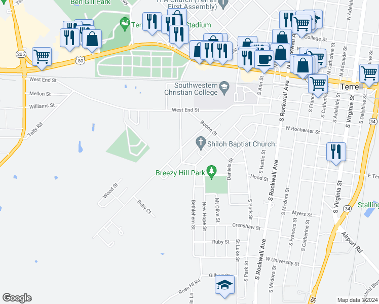 map of restaurants, bars, coffee shops, grocery stores, and more near 508 Frazier Street in Terrell