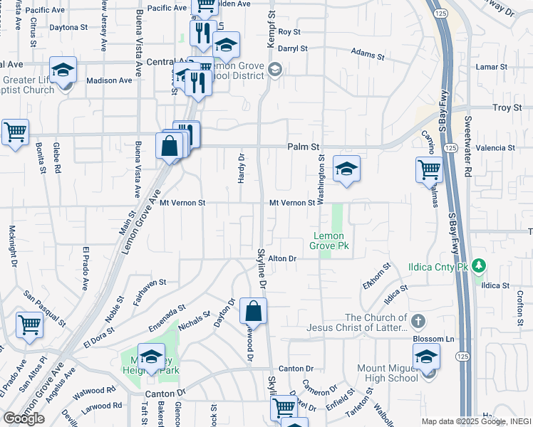 map of restaurants, bars, coffee shops, grocery stores, and more near 8010 Beechwood Court in Lemon Grove