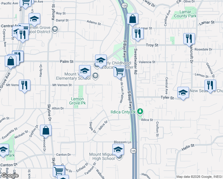 map of restaurants, bars, coffee shops, grocery stores, and more near 2368 Lawton Drive in Lemon Grove