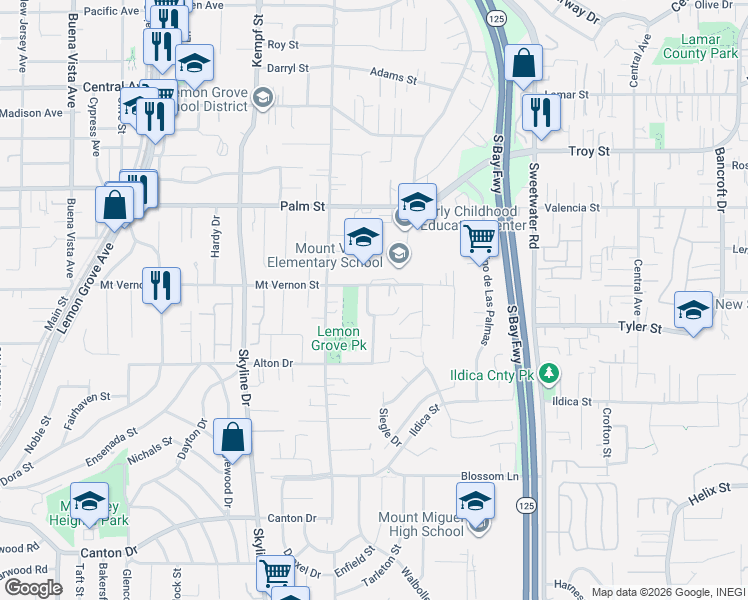 map of restaurants, bars, coffee shops, grocery stores, and more near 8321 Mount Vernon Street in Lemon Grove