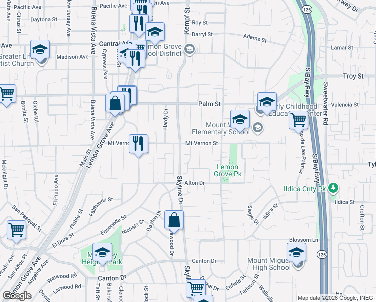 map of restaurants, bars, coffee shops, grocery stores, and more near in Lemon Grove