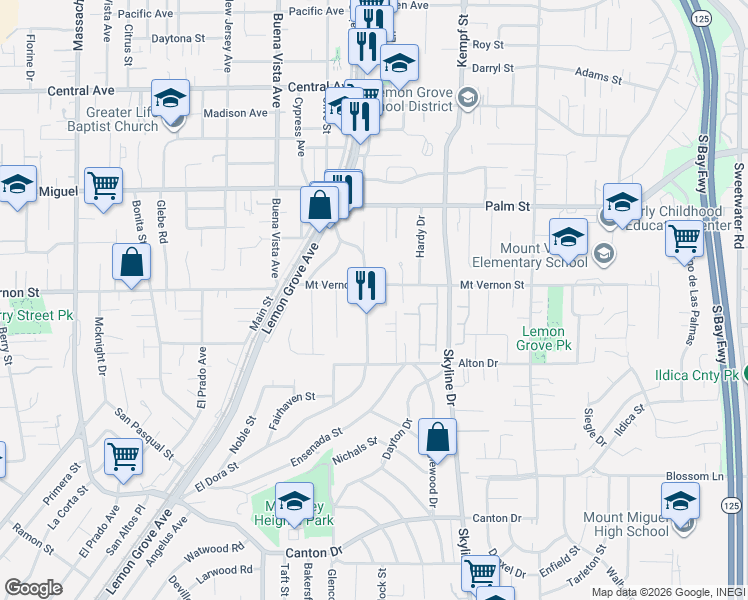 map of restaurants, bars, coffee shops, grocery stores, and more near 7815 Mount Vernon Street in Lemon Grove