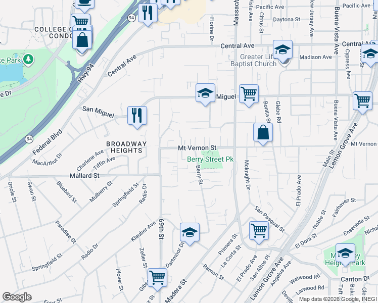 map of restaurants, bars, coffee shops, grocery stores, and more near 7041 Mount Vernon Street in Lemon Grove