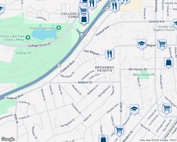 map of restaurants, bars, coffee shops, grocery stores, and more near 6668 Charlene Avenue in San Diego