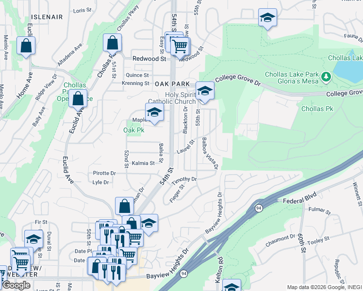 map of restaurants, bars, coffee shops, grocery stores, and more near 2441 54th Street in San Diego