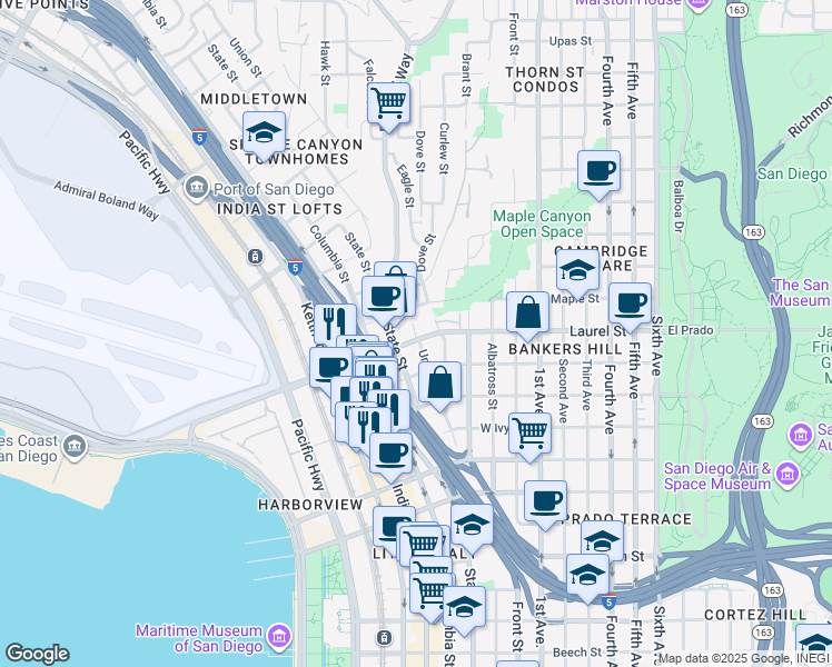 map of restaurants, bars, coffee shops, grocery stores, and more near in San Diego