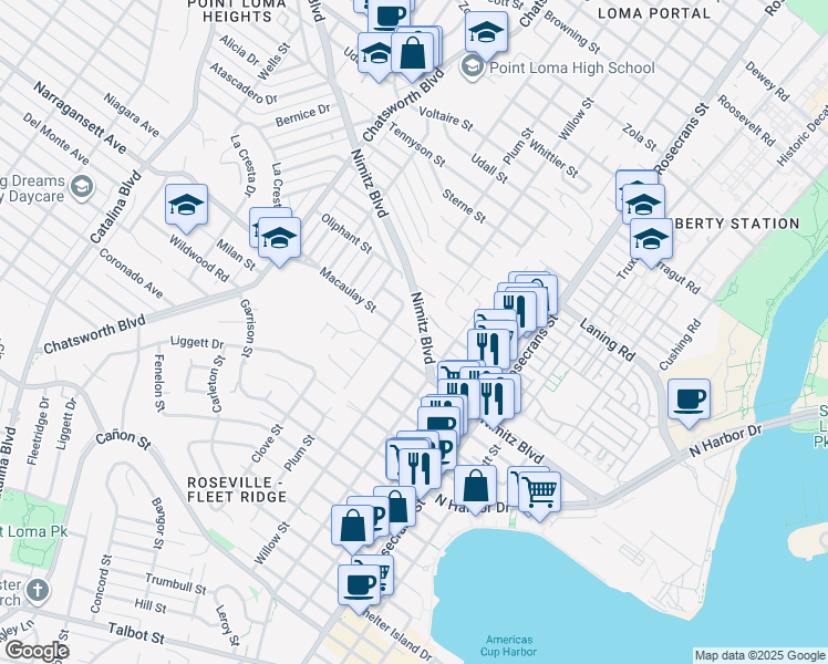 map of restaurants, bars, coffee shops, grocery stores, and more near 3244 Nimitz Boulevard in San Diego