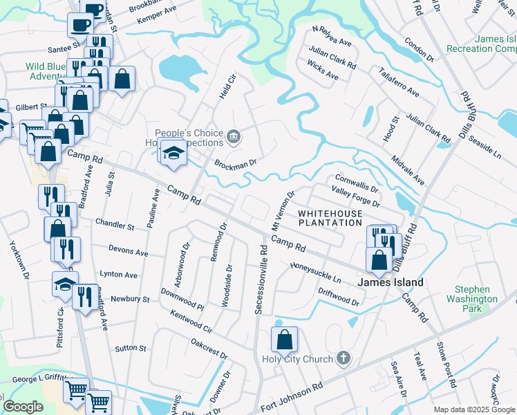 map of restaurants, bars, coffee shops, grocery stores, and more near 1402 Camp Road in Charleston