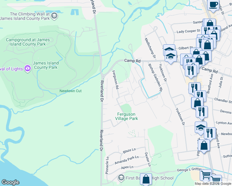 map of restaurants, bars, coffee shops, grocery stores, and more near 1874 Ferguson Road in Charleston