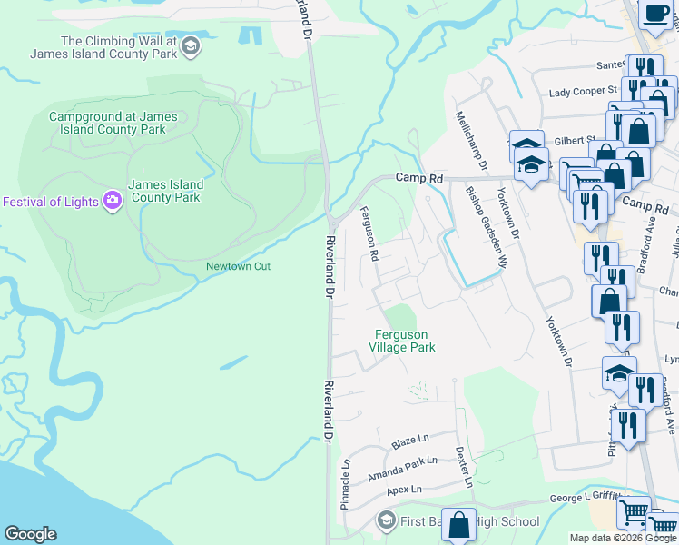 map of restaurants, bars, coffee shops, grocery stores, and more near 997 Stono River Drive in Charleston