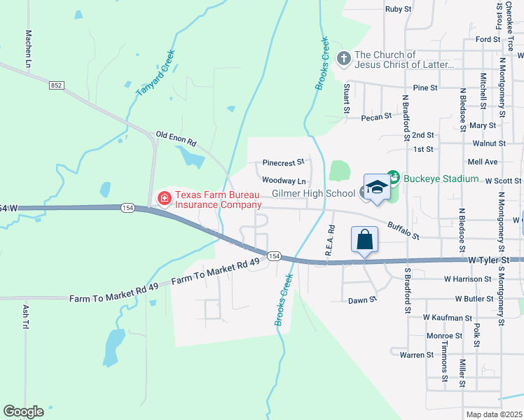map of restaurants, bars, coffee shops, grocery stores, and more near 1607 Briarwood Street in Gilmer
