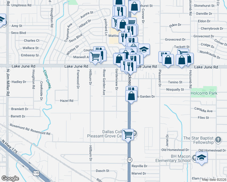 map of restaurants, bars, coffee shops, grocery stores, and more near 1123 Gardenview Drive in Dallas