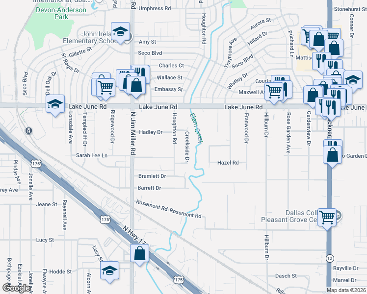 map of restaurants, bars, coffee shops, grocery stores, and more near 1136 Houghton Road in Dallas