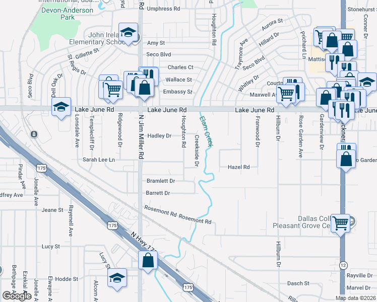 map of restaurants, bars, coffee shops, grocery stores, and more near 1136 Houghton Road in Dallas