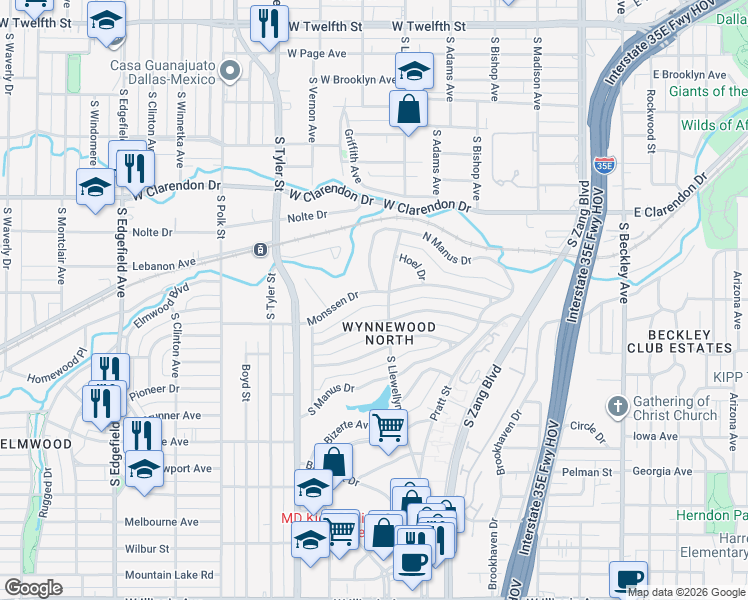 map of restaurants, bars, coffee shops, grocery stores, and more near 626 Monssen Drive in Dallas