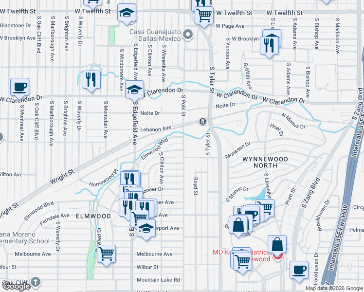 map of restaurants, bars, coffee shops, grocery stores, and more near 1410 South Polk Street in Dallas