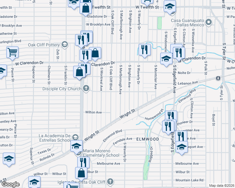 map of restaurants, bars, coffee shops, grocery stores, and more near 1303 South Marlborough Avenue in Dallas