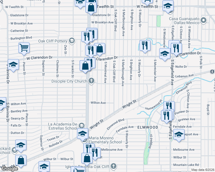 map of restaurants, bars, coffee shops, grocery stores, and more near 1303 South Oak Cliff Boulevard in Dallas