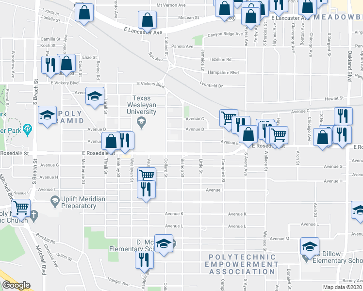 map of restaurants, bars, coffee shops, grocery stores, and more near 3400 Avenue East in Fort Worth