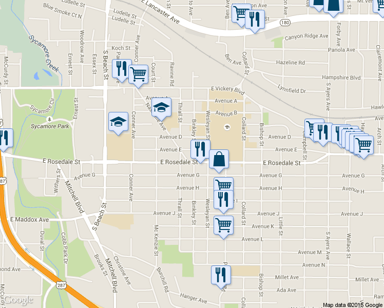 map of restaurants, bars, coffee shops, grocery stores, and more near 2918 Avenue East in Fort Worth