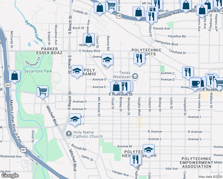 map of restaurants, bars, coffee shops, grocery stores, and more near 2830 Avenue East in Fort Worth