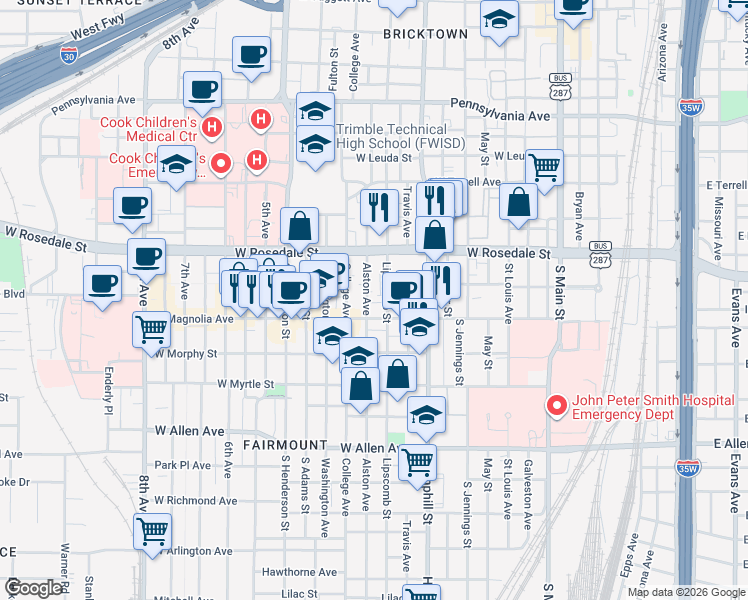 map of restaurants, bars, coffee shops, grocery stores, and more near 1212 Lipscomb Street in Fort Worth