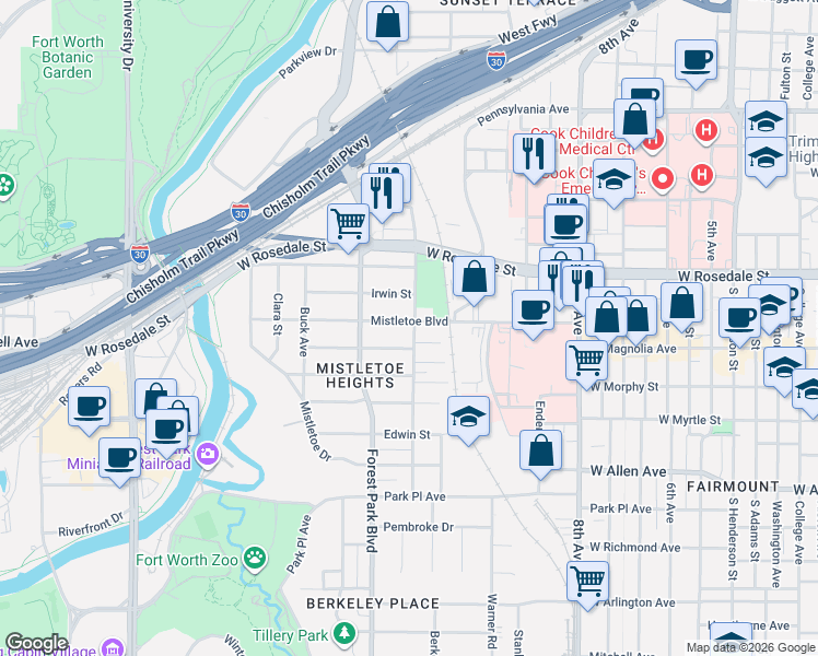 map of restaurants, bars, coffee shops, grocery stores, and more near 1203 Jerome Street in Fort Worth