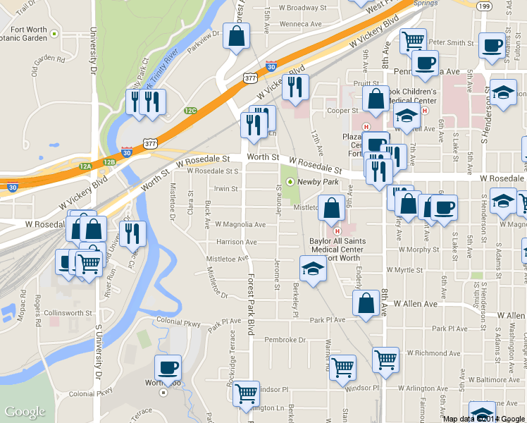 map of restaurants, bars, coffee shops, grocery stores, and more near 2229 Mistletoe Boulevard in Fort Worth